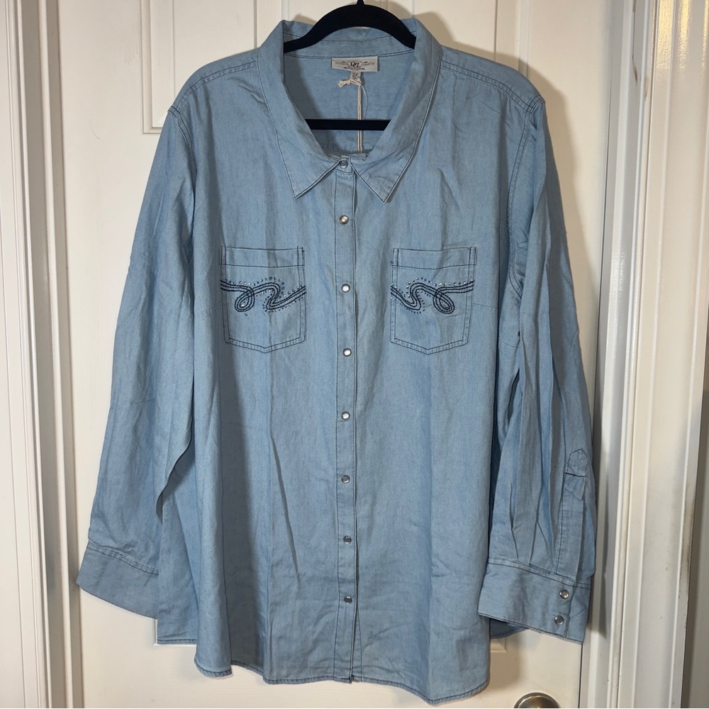 DIANE GILMAN, Blue, Pearly Button Down Long Sleeve Top NWT. Western. Rodeo. 3X